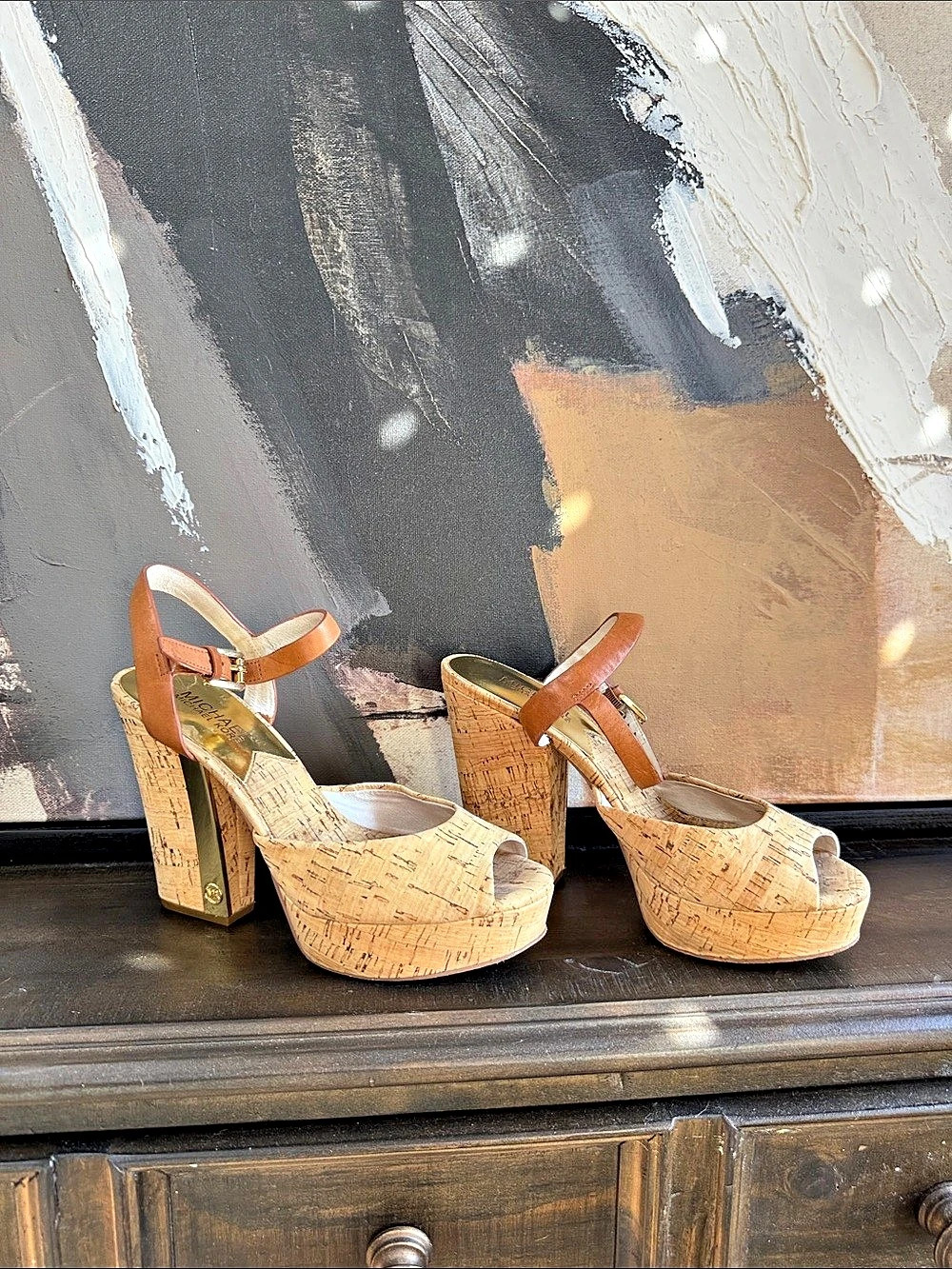 Michael Kors Cork Platform Wedge Sandals in Brown & Cream